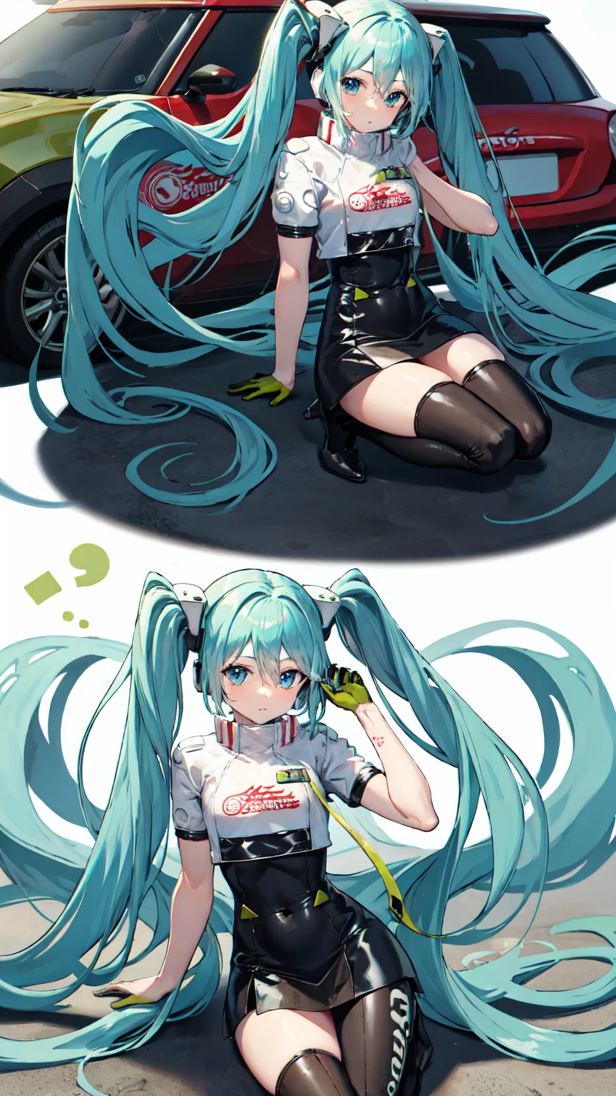 masterpiece、Highest quality、8k、Hatsune Miku VOCALOID、Twin tails、Light blue hair, light blue eyes、Race Queen Motor Show、mini skirt、black tights、High heels and knee length、Pitchy jacket with short sleeves、Tube top、The background is the city