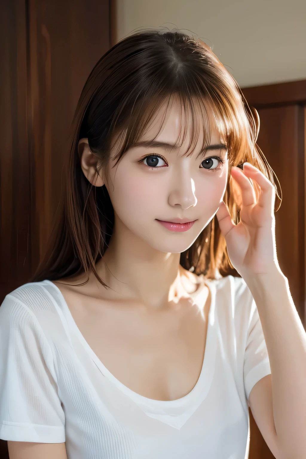 Beautiful girl washing her face, , (Highest quality:1.4), (Very detailed), (Very detailed美しい顔), sit, avert your eyes, smile, White T-shirt, Great face and eyes, iris, Medium Hair, The Beauty of Japan, (Skinny body type:1.3), (Flat Chest:1.3), (toy poodle:1.3),Smooth, Very detailed CG synthesis 8k wallpaper, High-resolution RAW color photos, Professional photography, Light, BackLight, dream-like, impressive, Written boundary depth, Washroom, (Shooting from below:1.3)