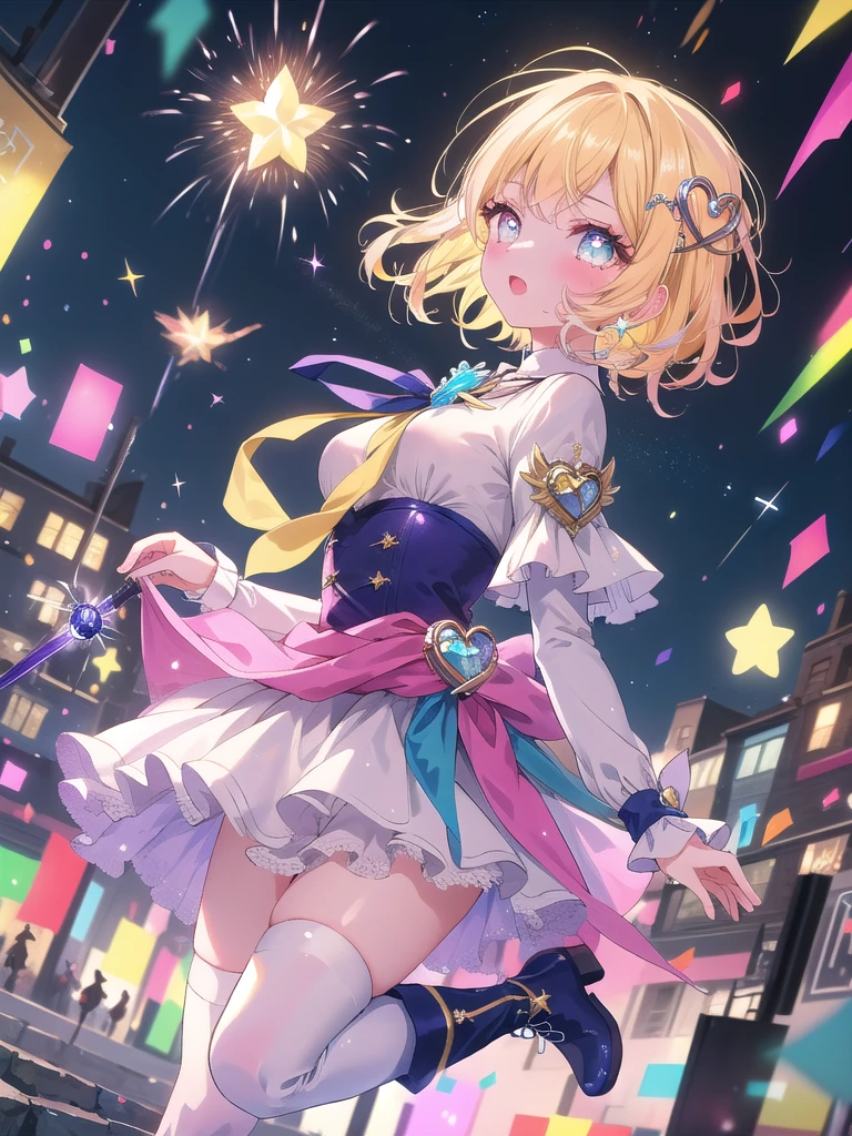 ((8k, Highest quality, masterpiece: 1.3)),Ultra-high resolution,(1 girl, alone), (Color changing eyes, Ultra-detailed, Expressive brilliance, Glitter, Glowing Eyes), Highly detailed eyes, Highly detailed face, Random Hair, ((pastel colour)),A vibrant young woman with long, pastel yellow hair cascading down her back, dressed as a magical girl. She wears a bright, colorful outfit with a short pink skirt, white knee-high boots, and a blue ribbon tied around her waist. The outfit is adorned with star-shaped accessories and a heart-shaped brooch on her chest. The camera captures her from a dynamic, high angle as she jumps in mid-air, her wand raised above her head, casting a powerful spell. The setting is a bright, sunny day in a bustling city park, with people watching her in awe as she performs her magical abilities.(nsfw)