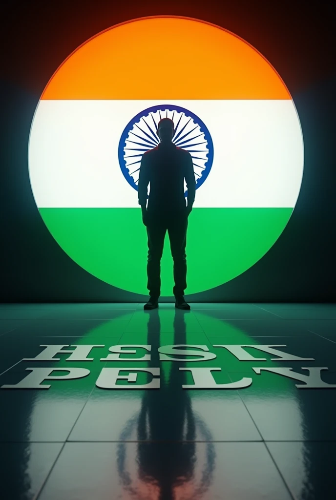 A silhouette of a person stands against a large, illuminated circle featuring the Indian flag colors (saffron, white, and green) and the Ashoka Chakra in the center. Below the circle, the Text "JOEL" is displayed in bold, stylized letters: orange S, gray A, white M, and green IR. The shiny floor reflects the vibrant colors, typography, 3d render