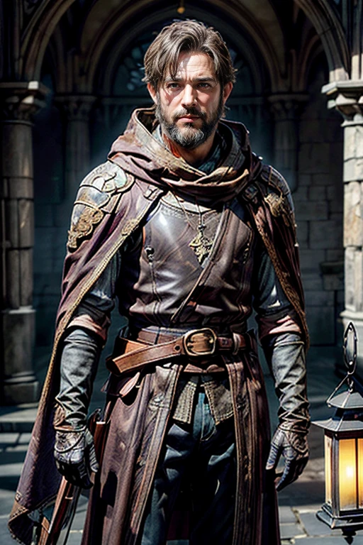(Very detailed:1.3), (masterpiece:1.3), figure, Exquisite lighting, Fine shadows, Sharp focus, ((Highest quality)), (1 person, middle aged, Welsh men:1.2), wise, Purple eyes, Brown hair with some gray, Short beard,Veteran Mercenary、alone, Detailed face, scout, A light smile, Medieval Fantasy Setting, High Fantasy, Leather clothing, Cape, gloves, strap, belt, Crossbow, Have a lantern、