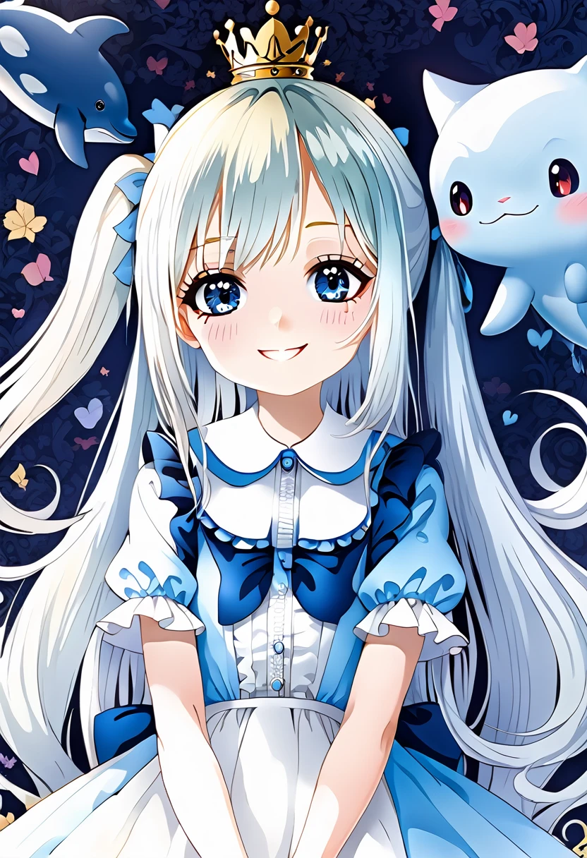 Alice in Wonderland、Light blue long hair、Beautiful girl with twin tails、smile、Killer whale cat、Trump's Soldiers、Running through a bright forest with cards flying、There are lots of colorful flowers at my feet