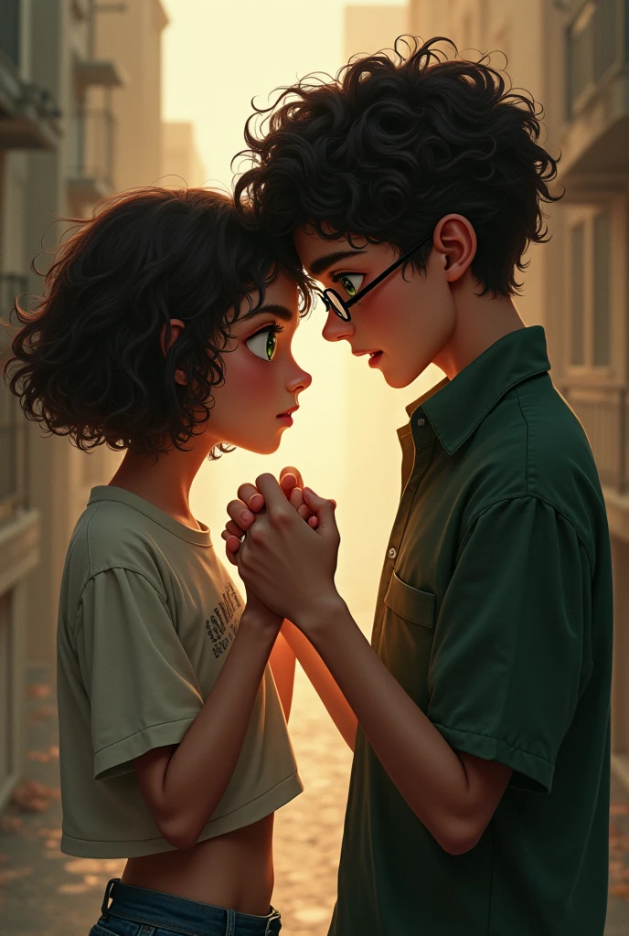 A short girl with short dark brown curly hair and skinny brown eyes next to a tall boy with dark brown curly hair and green eyes with glasses in a possessive, jealous and lustful environment