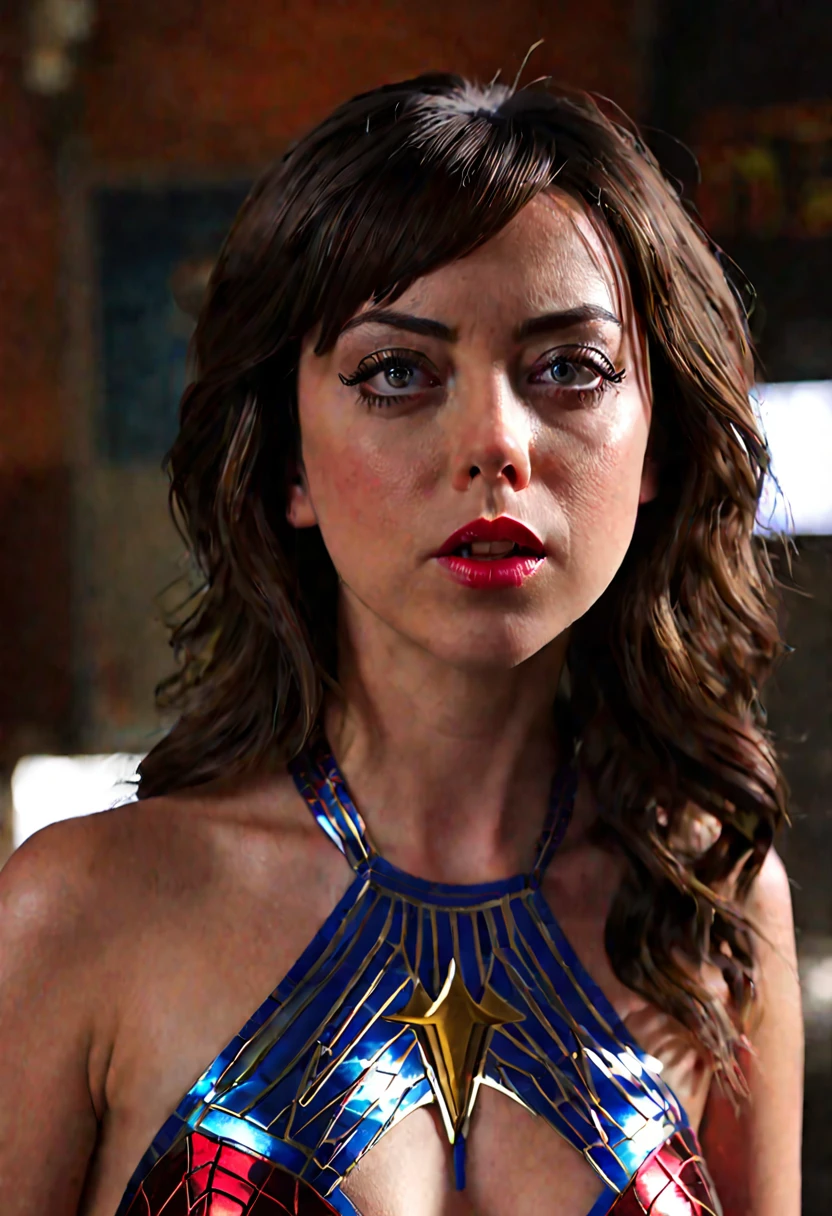 a superwoman portrait of aubrey plaza, 1girl, beautiful detailed eyes, beautiful detailed lips, extremely detailed face, long eyelashes, superhero costume, stopping bank robbery, annoyed expression, bored expression, bullets bouncing off her, cinematic lighting, realistic, photorealistic, 8k, highres, masterpiece, ultra-detailed, vivid colors, dramatic scene