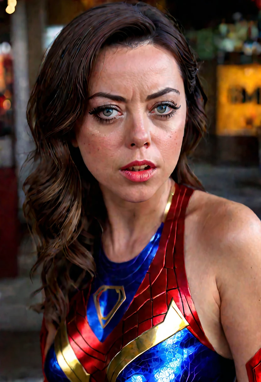 a superwoman portrait of aubrey plaza, 1girl, beautiful detailed eyes, beautiful detailed lips, extremely detailed face, long eyelashes, superhero costume, stopping bank robbery, annoyed expression, bored expression, bullets bouncing off her, cinematic lighting, realistic, photorealistic, 8k, highres, masterpiece, ultra-detailed, vivid colors, dramatic scene