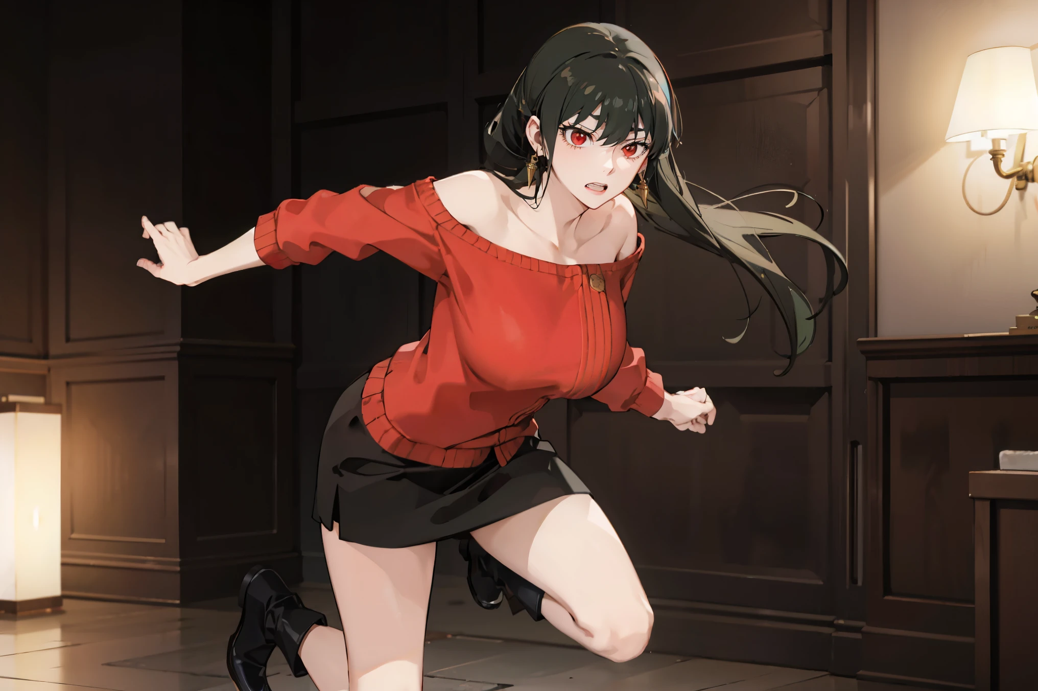 masterpiece, Highest quality,8k, complete hand depiction, Action pose, Battle Scenes:1.5, (Yor Forger), Red eyes, Black Skirt, red off shoulder sweater, (Big Breasts), morning, ((Fighting a brown-haired man in a suit)), Aegean townscape in the morning, Wearing boots, Angry expression,:1.5 Attack Speed, Fast Attack, Angry expression, Angry face big boobs sexy wear bondage latex
