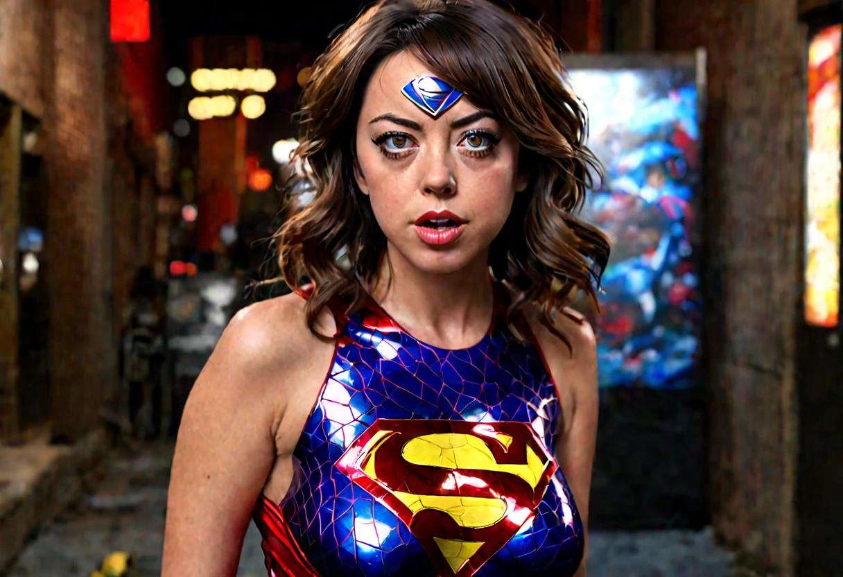 a superwoman portrait of aubrey plaza, 1girl, beautiful detailed eyes, beautiful detailed lips, extremely detailed face, long eyelashes, superhero costume, stopping bank robbery, annoyed expression, bored expression, bullets bouncing off her, cinematic lighting, realistic, photorealistic, 8k, highres, masterpiece, ultra-detailed, vivid colors, dramatic scene
