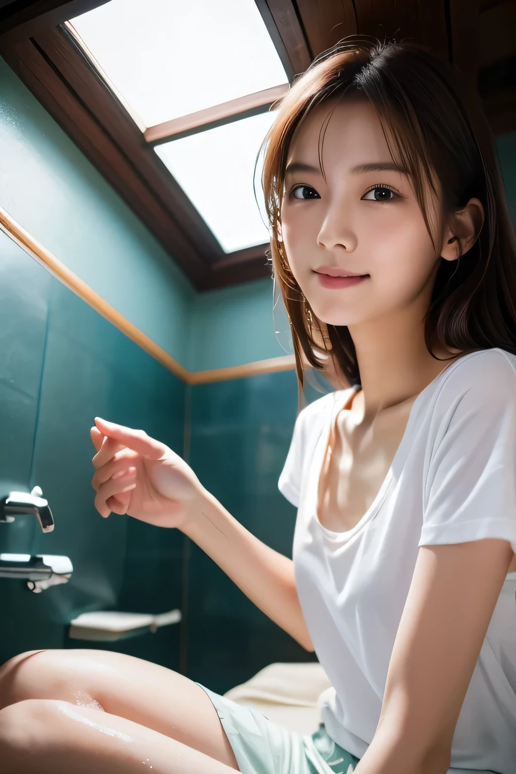 Beautiful girl washing her face, (Highest quality:1.4), (Very detailed), (Very detailed美しい顔), sit, (:1.3), avert your eyes, smile, White T-shirt, Great face and eyes, iris, Medium Hair, The Beauty of Japan, (Skinny body type:1.3), (Flat Chest:1.3), Smooth, Very detailed CG synthesis 8k wallpaper, High-resolution RAW color photos, Professional photography, Light, BackLight, dream-like, impressive, Written boundary depth, Washroom, (Shooting from the side:1.3)