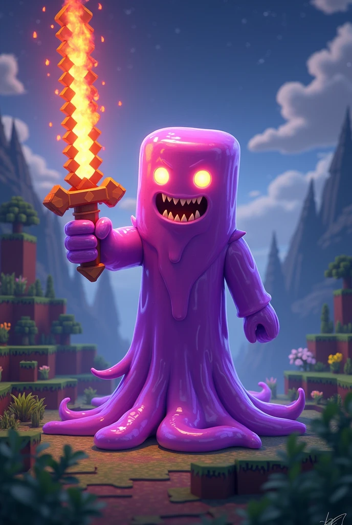 Purple Minecraft Slime Holding a Flaming Sword