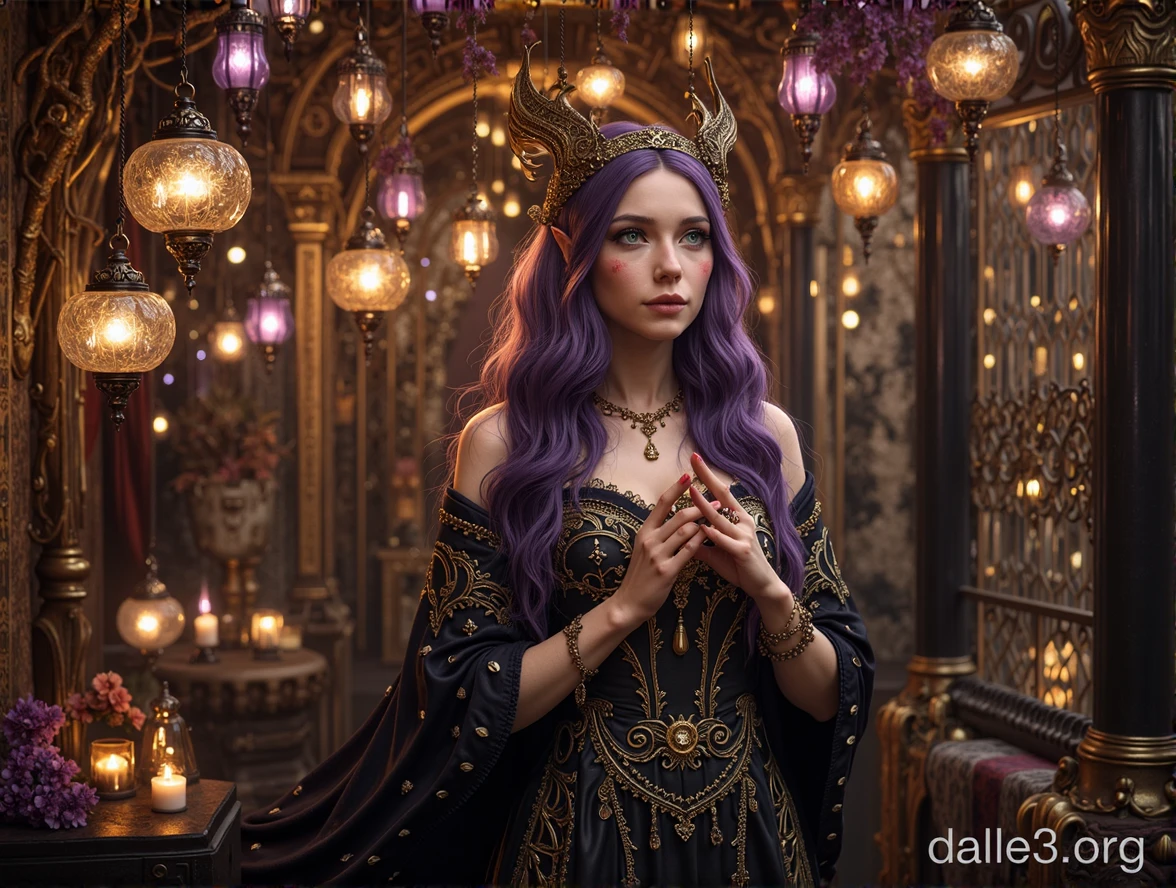 A powerful elven sorceress stands by a calm lake at dusk, holding a lantern that emits a soft golden light. She has long orange and violet hair, bright green eyes, and wears a red leather corset with a loose black cape. Her ears are pointed, and she has an air of mystery and danger about her. The background features misty mountains and a serene, misty lake, with reflections of the trees and moonlit sky.