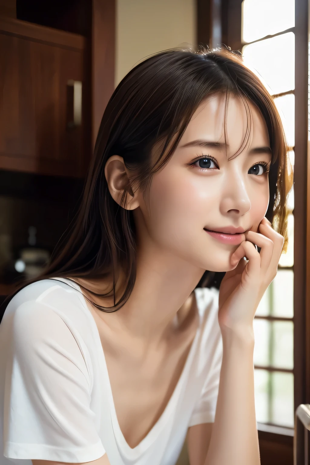 Beautiful girl washing her face, , (Highest quality:1.4), (Very detailed), (Very detailed美しい顔), sit, avert your eyes, smile, White T-shirt, Great face and eyes, iris, Medium Hair, The Beauty of Japan, (Skinny body type:1.3), (Flat Chest:1.3), Smooth, Very detailed CG synthesis 8k wallpaper, High-resolution RAW color photos, Professional photography, Light, BackLight, dream-like, impressive, Written boundary depth, Washroom, (Shooting from below:1.5)