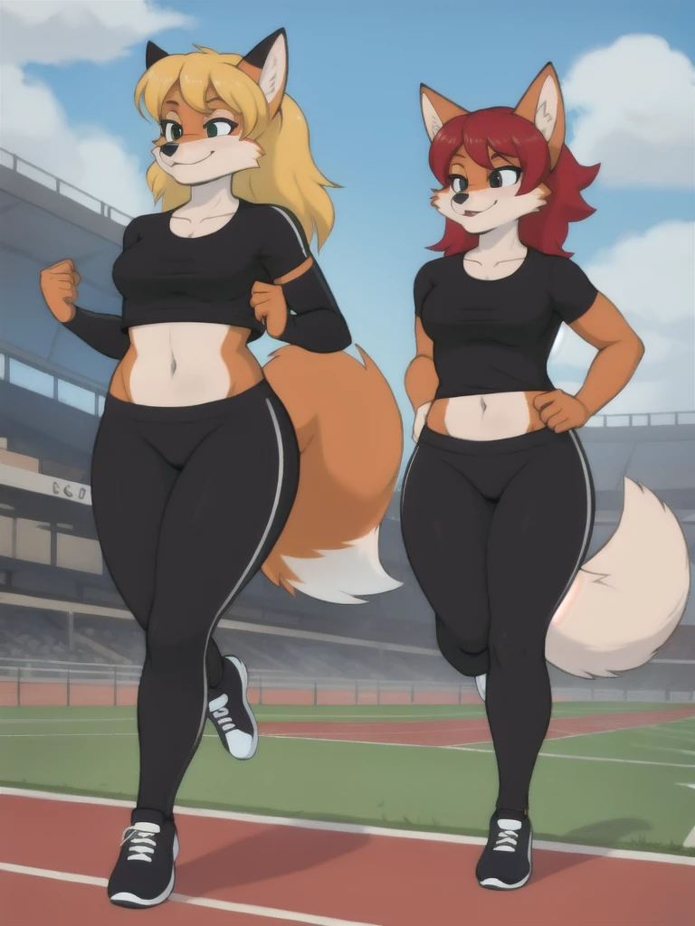 Furry, fox, female, black shirt, black leggings, shoes, running track, friends, full body