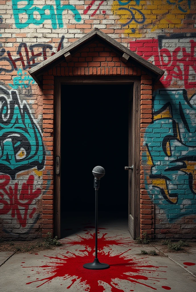 Graffitied brick wall " Shack " with blood splatters and a microphone
