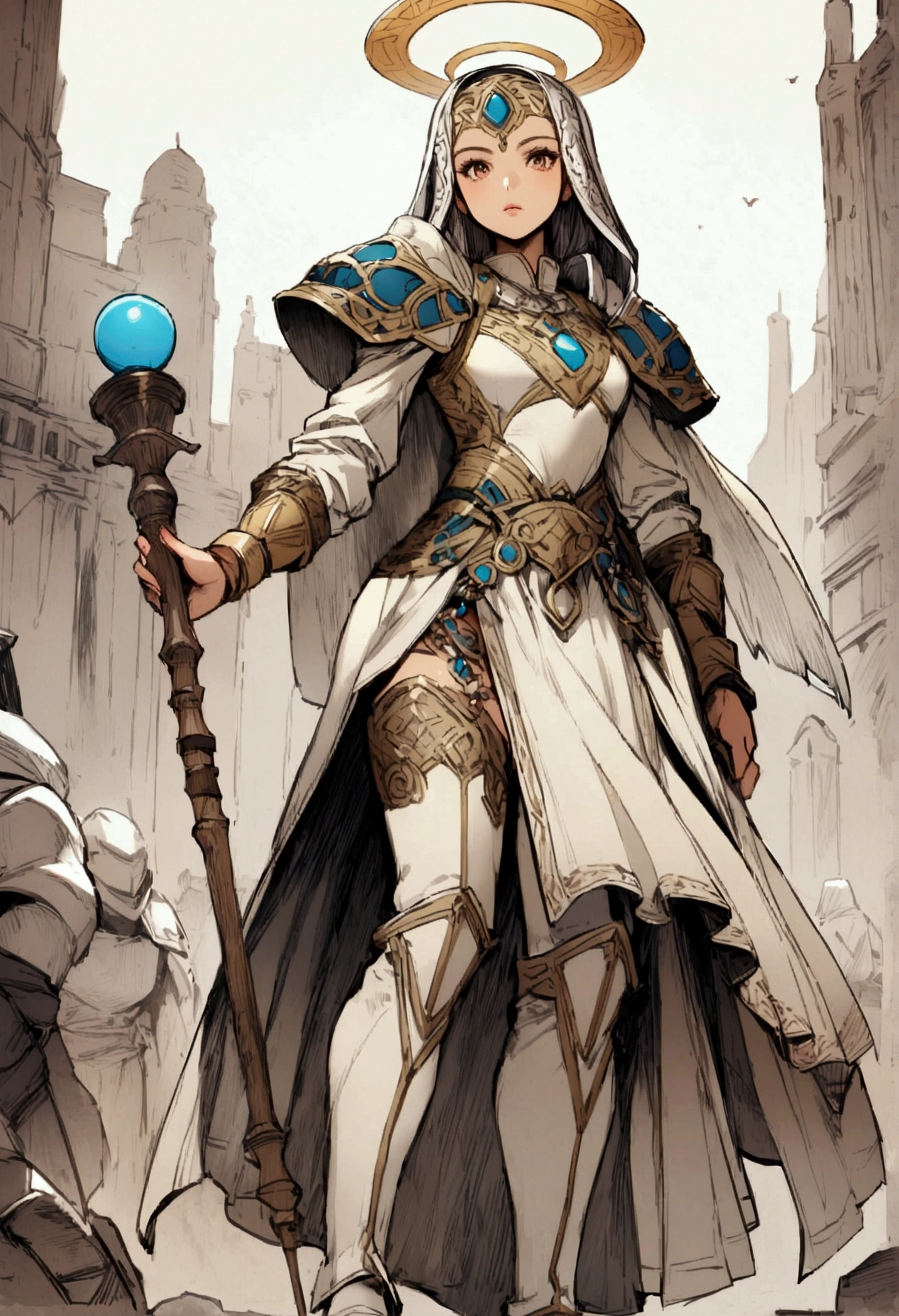 RPG Cleric with light armor , a small hammer, a staff with halos and no bottom