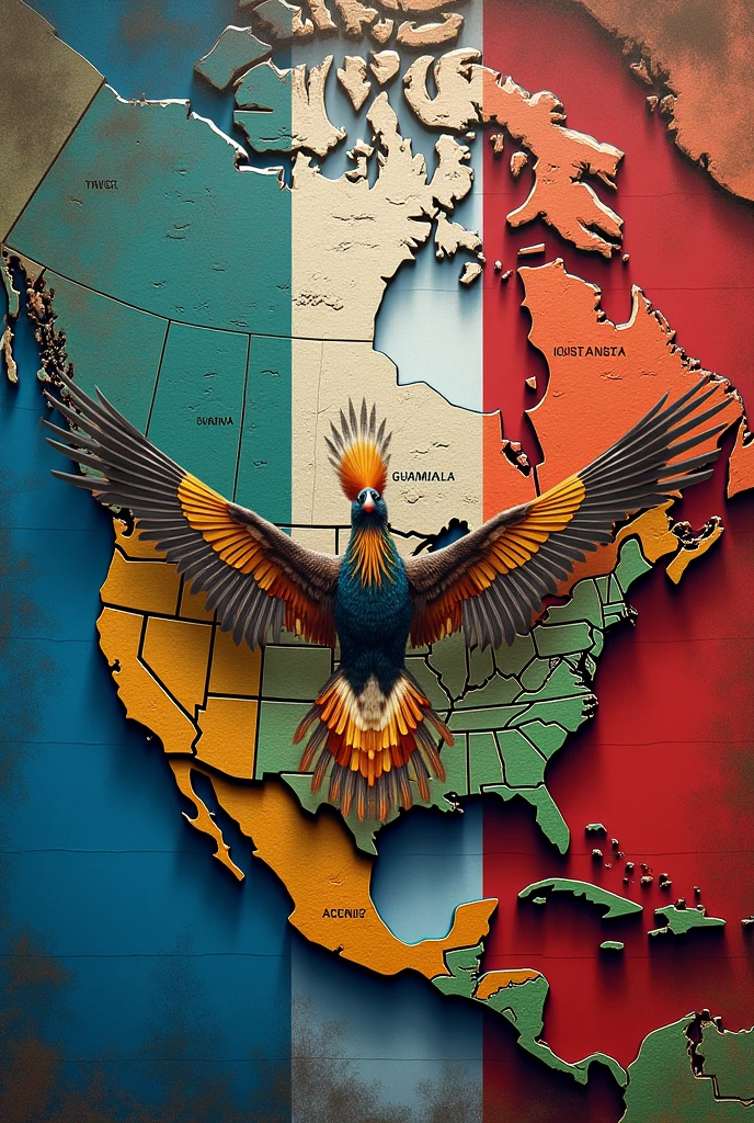 Create an image of the map of Guatemala and a quetzal on the map of the United States with red and blue stripes