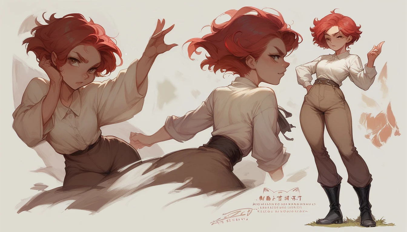 Concept art, girl, red hair, peasant clothes, brown pants, black boots, full body pose