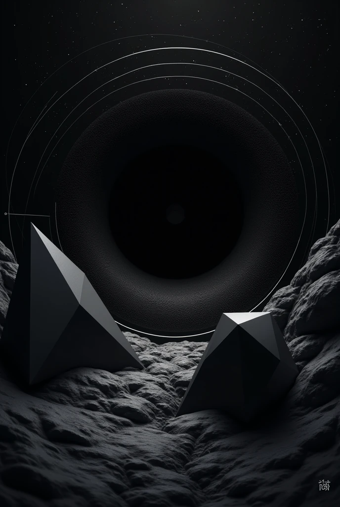 Black geometric figures with white lines surrounding a black hole in space