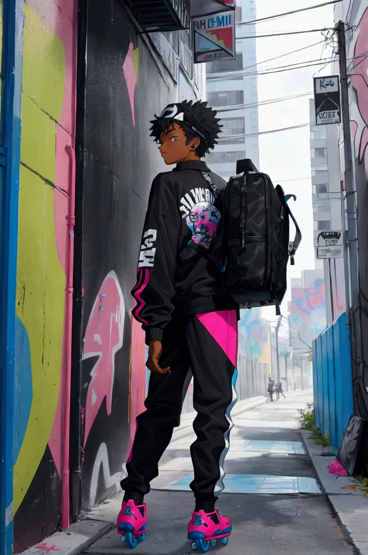 black teenager around 16 years old who loves graffiti, he is skating through the colorful city, this one is wearing black and white skates, is wearing black and white streetwear clothes. colorful titans are coming out of his back, como azul, Pink, ,Unripe, rot.