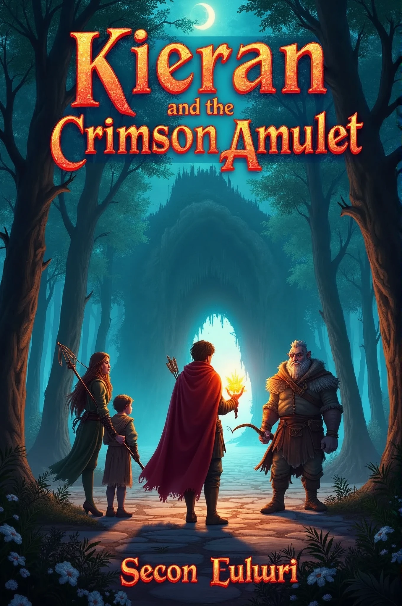 Create an enchanting and adventurous book cover for "Kieran and the Crimson Amulet." The scene should feature Kieran, the young hero with both elf and demon traits, standing in a mystical forest with ancient trees that glow softly in the dark. Kieran should be holding a glowing amulet that emits both light and shadow. His companions—a fierce elf archer, a gentle ogre, and a half-dryad with nature powers—should be standing by his side, ready for the journey. In the distance, show the entrance to a dark, mysterious cave, hinting at the dangers ahead. The title "Kieran and the Crimson Amulet" should be displayed in a magical, ancient-style font at the top, with the subtitle "An Epic Fantasy Adventure" underneath. The author’s name should be placed at the bottom in a classic, elegant font. The overall atmosphere should be a mix of magic, adventure, and mystery, drawing readers into the story.