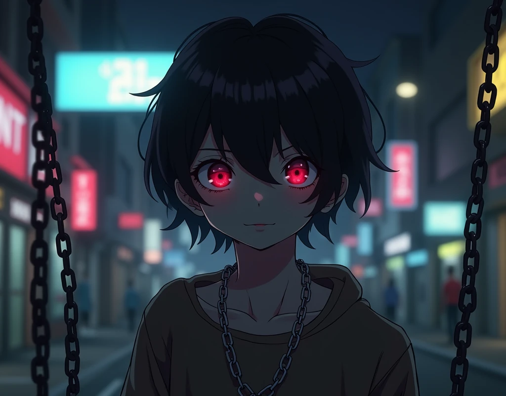 phonk anime boy horror with chains in background with blur, 8k high quality image