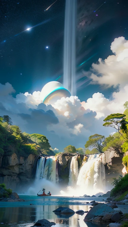 Fantasy、Different world、starry skies、Three moons、Two Saturns、shooting star、milky way、colorful clouds、Different world、The ocean spreads out、Big waterfall、A waterfall flows from a floating island in the sky。、Vast views、Wide-angle lens、View from the spaceship、Realistic Blurred Background 4K Full HD 60 FPS、Realistic Lighting