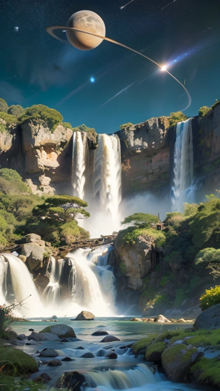 Fantasy、Different world、starry skies、Three moons、Two Saturns、shooting star、milky way、colorful clouds、Different world、The ocean spreads out、Big waterfall、A waterfall flows from a floating island in the sky。、Vast views、Wide-angle lens、View from the spaceship、Realistic Blurred Background 4K Full HD 60 FPS、Realistic Lighting
