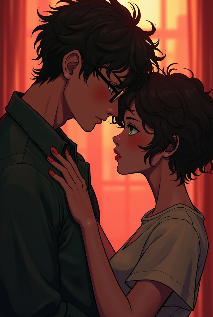 A short girl with short dark brown curly hair and skinny brown eyes next to a tall boy with dark brown curly hair and green eyes with glasses in a possessive, jealous and lustful environment