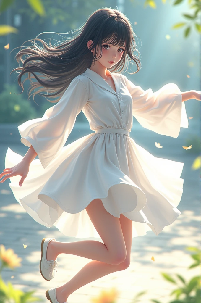 Japanese teenage girl wearing a long-sleeved white isshou shirt,white skirt, who is dancing, stretch out your arms,hasil HD