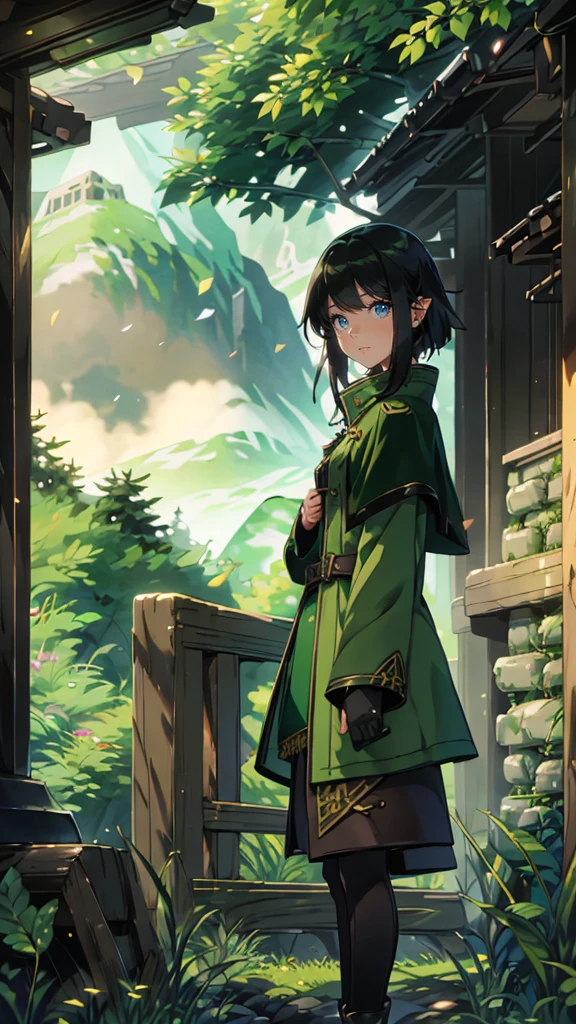 yuichiro hyakuya girl, (WithoutFear:1), 1 girl, black hair, green eyes, brown coat, gray armor, elves, sylvan, green shield, green cloak, dark brown gloves, forest, white fur trim, anime, standing, good quality, portrait, looking at viewer