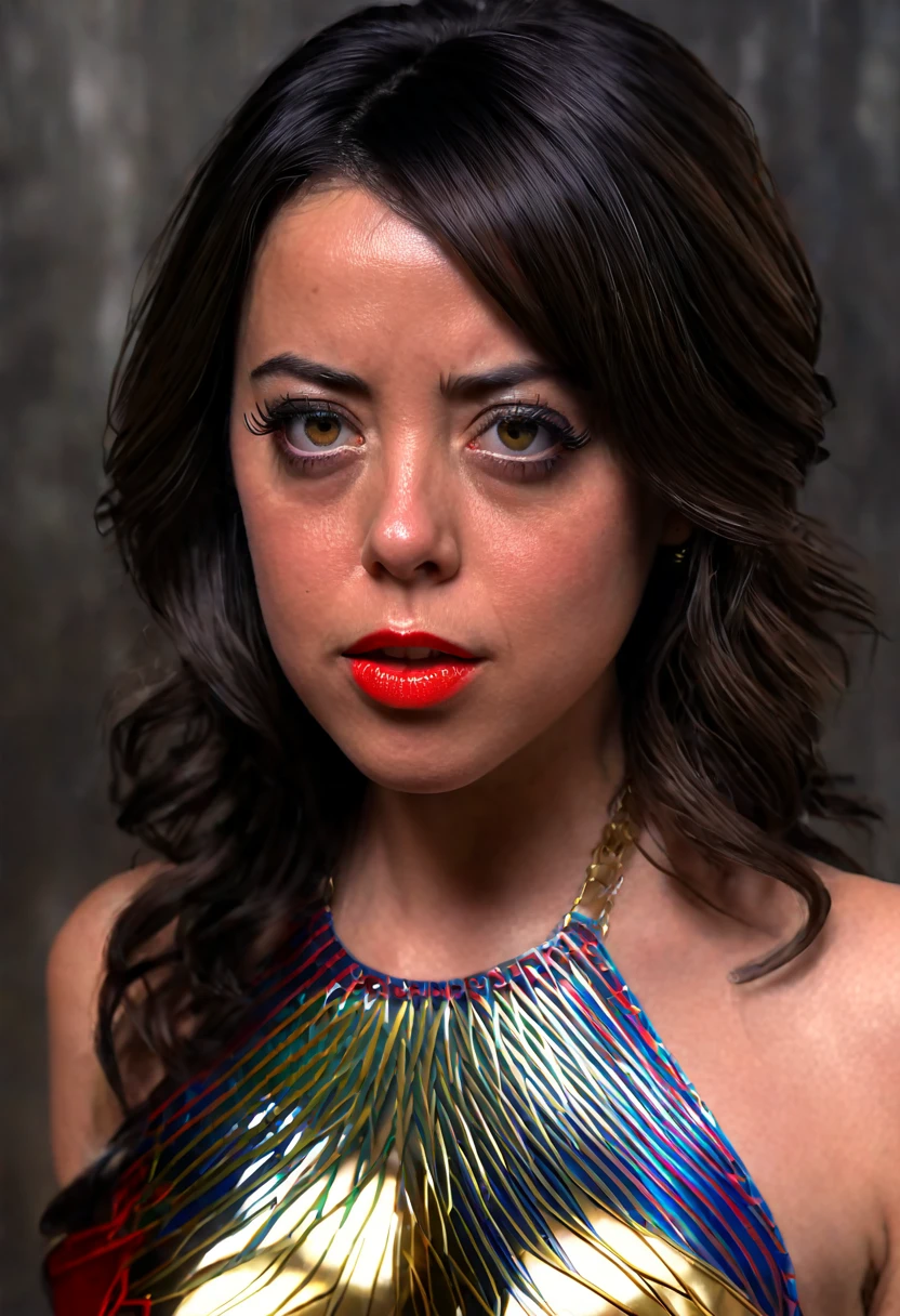 a superwoman portrait of aubrey plaza, 1girl, beautiful detailed eyes, beautiful detailed lips, extremely detailed face, long eyelashes, superhero costume, stopping bank robbery, annoyed expression, bored expression, bullets bouncing off her, cinematic lighting, realistic, photorealistic, 8k, highres, masterpiece, ultra-detailed, vivid colors, dramatic scene