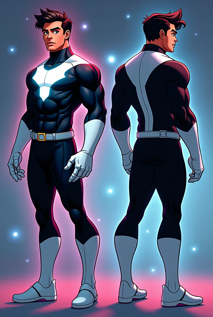 Marcs The Guardian of the Cosmos a comic book style hero character with a comic style face, brown color, dark brown hair, blue eyes, strong body shape with a black superhero uniform with a white emblem, cosmic design with white gloves, a belt at the waist, a modern model sheet style image from the side and front..