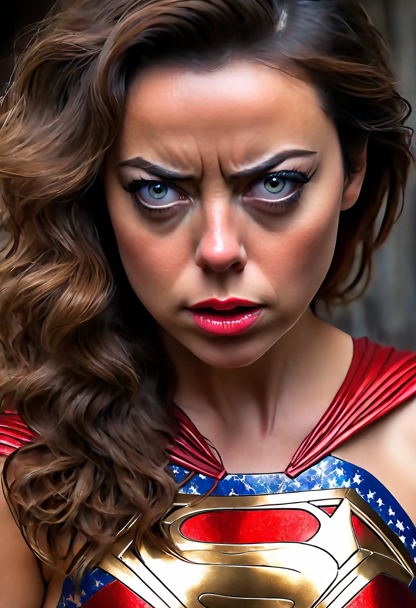 a superwoman portrait of aubrey plaza, 1girl, beautiful detailed eyes, beautiful detailed lips, extremely detailed face, long eyelashes, superhero costume, stopping bank robbery, annoyed expression, bored expression, bullets bouncing off her, cinematic lighting, realistic, photorealistic, 8k, highres, masterpiece, ultra-detailed, vivid colors, dramatic scene
