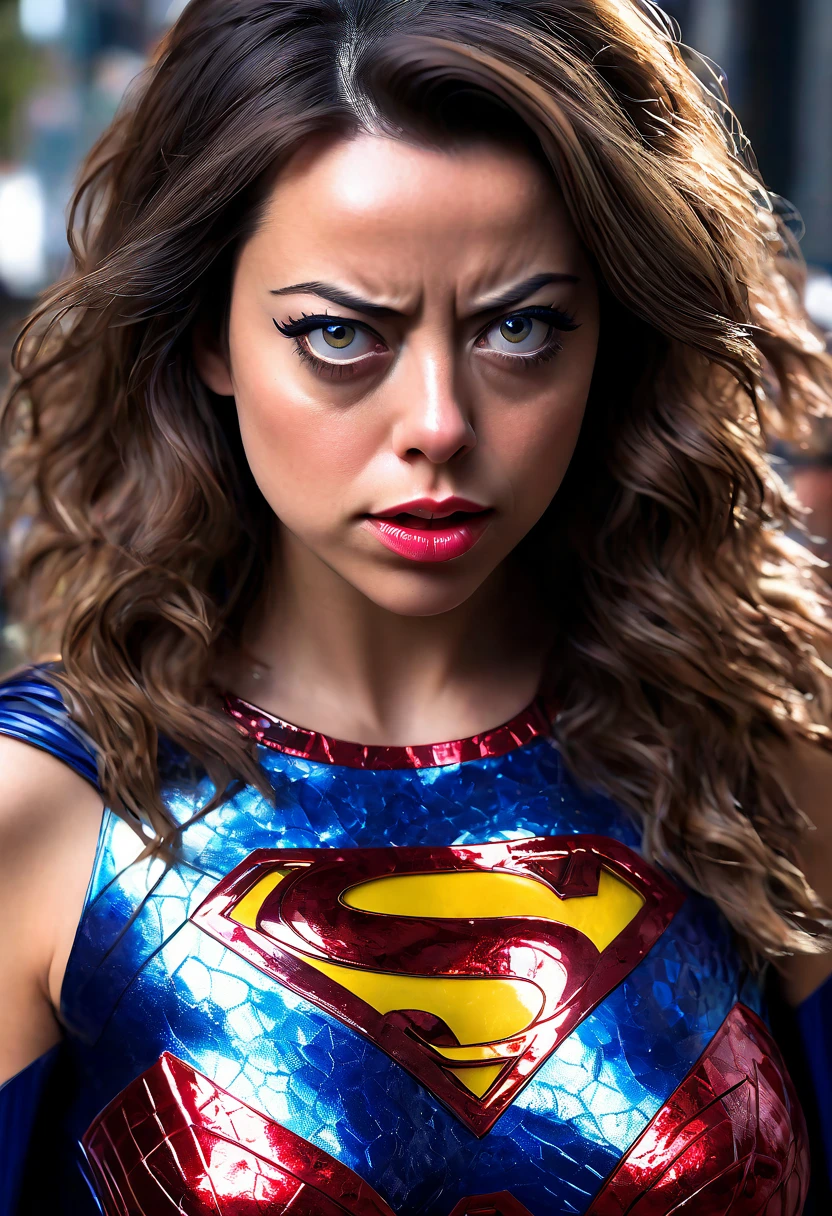 a superwoman portrait of aubrey plaza, 1girl, beautiful detailed eyes, beautiful detailed lips, extremely detailed face, long eyelashes, superhero costume, stopping bank robbery, annoyed expression, bored expression, bullets bouncing off her, cinematic lighting, realistic, photorealistic, 8k, highres, masterpiece, ultra-detailed, vivid colors, dramatic scene
