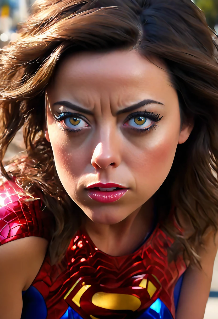 a superwoman portrait of aubrey plaza, 1girl, beautiful detailed eyes, beautiful detailed lips, extremely detailed face, long eyelashes, superhero costume, stopping bank robbery, annoyed expression, bored expression, bullets bouncing off her, cinematic lighting, realistic, photorealistic, 8k, highres, masterpiece, ultra-detailed, vivid colors, dramatic scene
