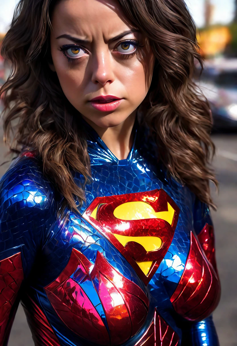 a superwoman portrait of aubrey plaza, 1girl, beautiful detailed eyes, beautiful detailed lips, extremely detailed face, long eyelashes, superhero costume, stopping bank robbery, annoyed expression, bored expression, bullets bouncing off her, cinematic lighting, realistic, photorealistic, 8k, highres, masterpiece, ultra-detailed, vivid colors, dramatic scene
