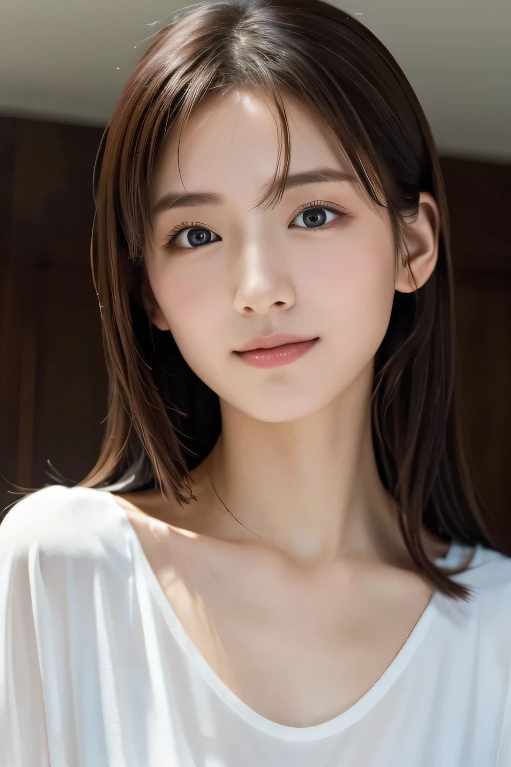 Beautiful girl washing her face, , (Highest quality:1.4), (Very detailed), (Very detailed美しい顔), sit, avert your eyes, smile, White T-shirt, Great face and eyes, iris, Medium Hair, The Beauty of Japan, (Skinny body type:1.3), (Flat Chest:1.3), Smooth, Very detailed CG synthesis 8k wallpaper, High-resolution RAW color photos, Professional photography, Light, BackLight, dream-like, impressive, Written boundary depth, Washroom, (Shooting from below:1.5)