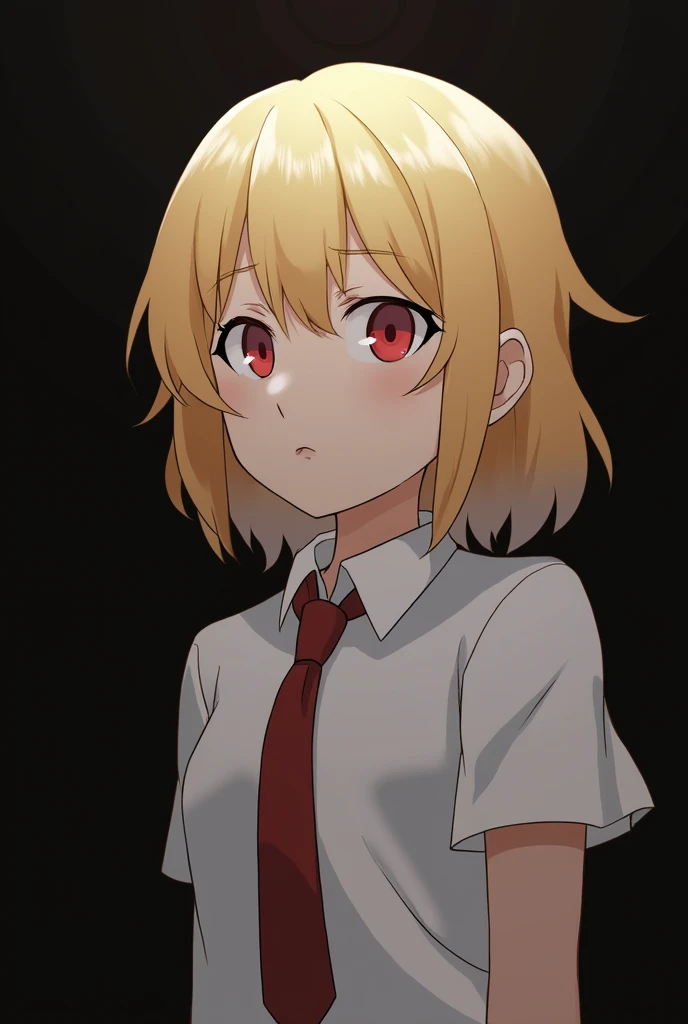 Anime Girl Uma, blonde girl, injuryed eye, bloody eye, missing eye, one eyes, Eye Brown, cara assustada, horor, desperation, injury, blood in The face, looking up, work of art, best qualityer, darkness background, natta