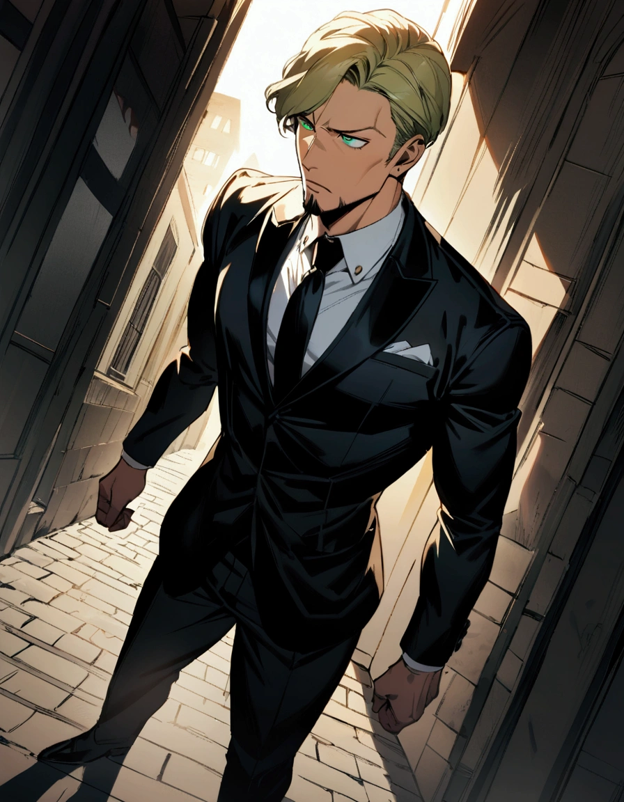 1man, man in black, vigorous mature, business hair with short asymmetrical bangs, goatee, green platina blond hair, emerald eyes, BREAK 40yo, charming caucasian, slightly long chiseled face, deep set, angular jaw, facial wrinkles, crewcut, BREAK ideal ratio body proportions, toned muscular, beautiful detailed eyes, dark hero, best eyes, BREAK solo, funeral black suit, black necktie, white shirt, at wall street, detailed background, gloom, cool expression, natural standing, looking away, BREAK upperlegs, dramatic expression, in korean illustration style, masculine comic art, 2010s, retro visual novel, in persona style, dutch angle, cinematic shadows, cinematic lighting, lens flare, light leaks, texture, absurdres absolutely resolution, extreme all detailed, greatest painting, BREAK masterpiece, best quality