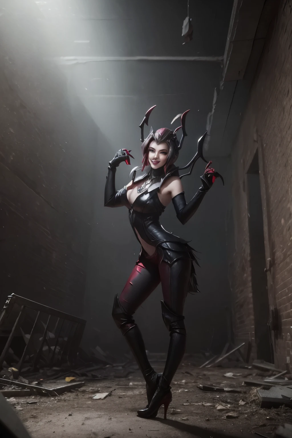 (elise league of legends), smiling, high resolution, super detaill, 8k, in a ruined building,
