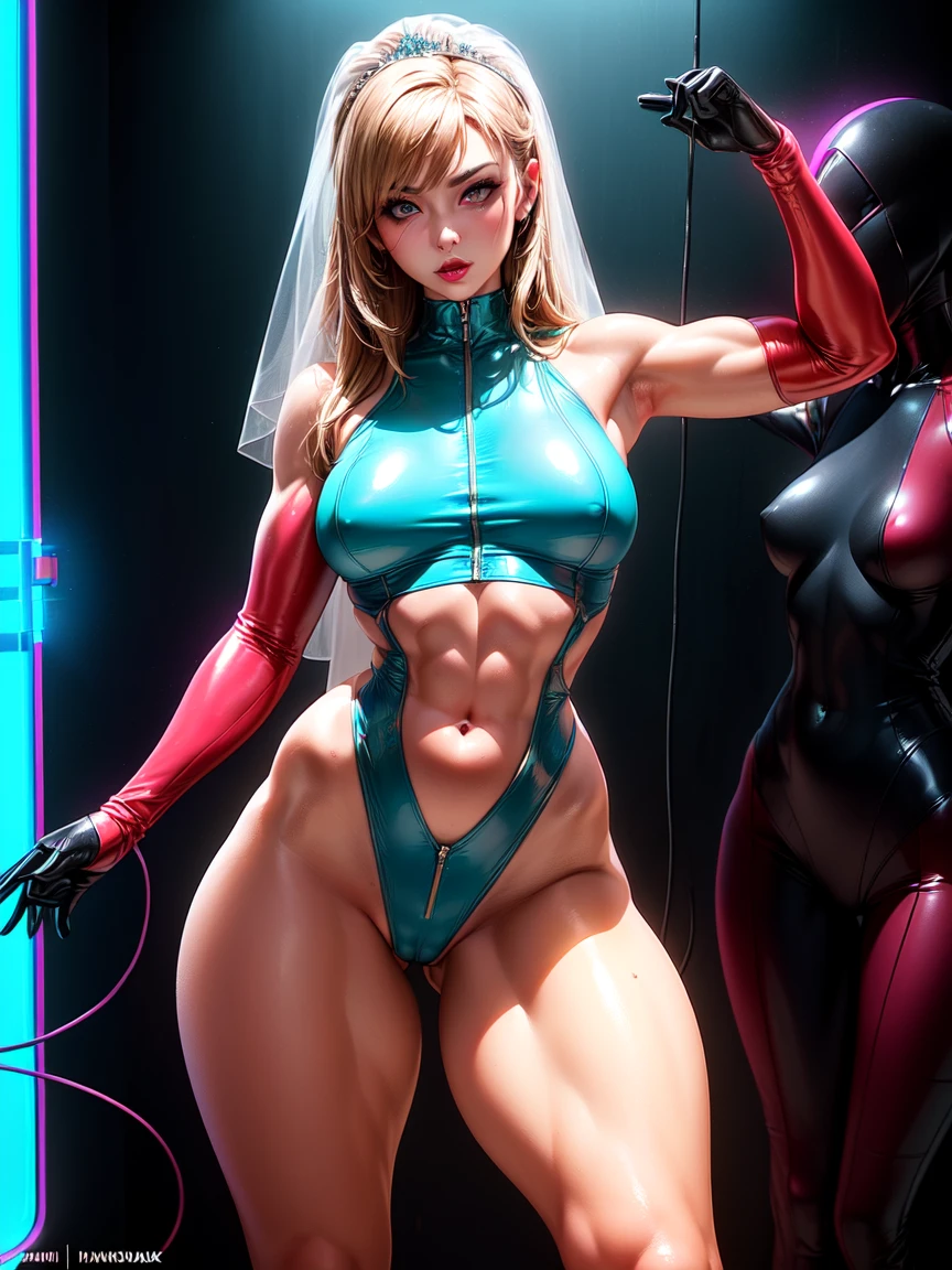 sideangle ultra-realistic textures, (((attractive top model bride girl)), 31 years old, beautiful canadian physical and facial features, sensual hourglass body with medium firm bust, cute face, female tech warrior with a nanotechnologic full latex neon red suit with neon light citcuits, american shot, (((((thighlighting her sensual and toned firm thighs))))) Cyberpumk hero style