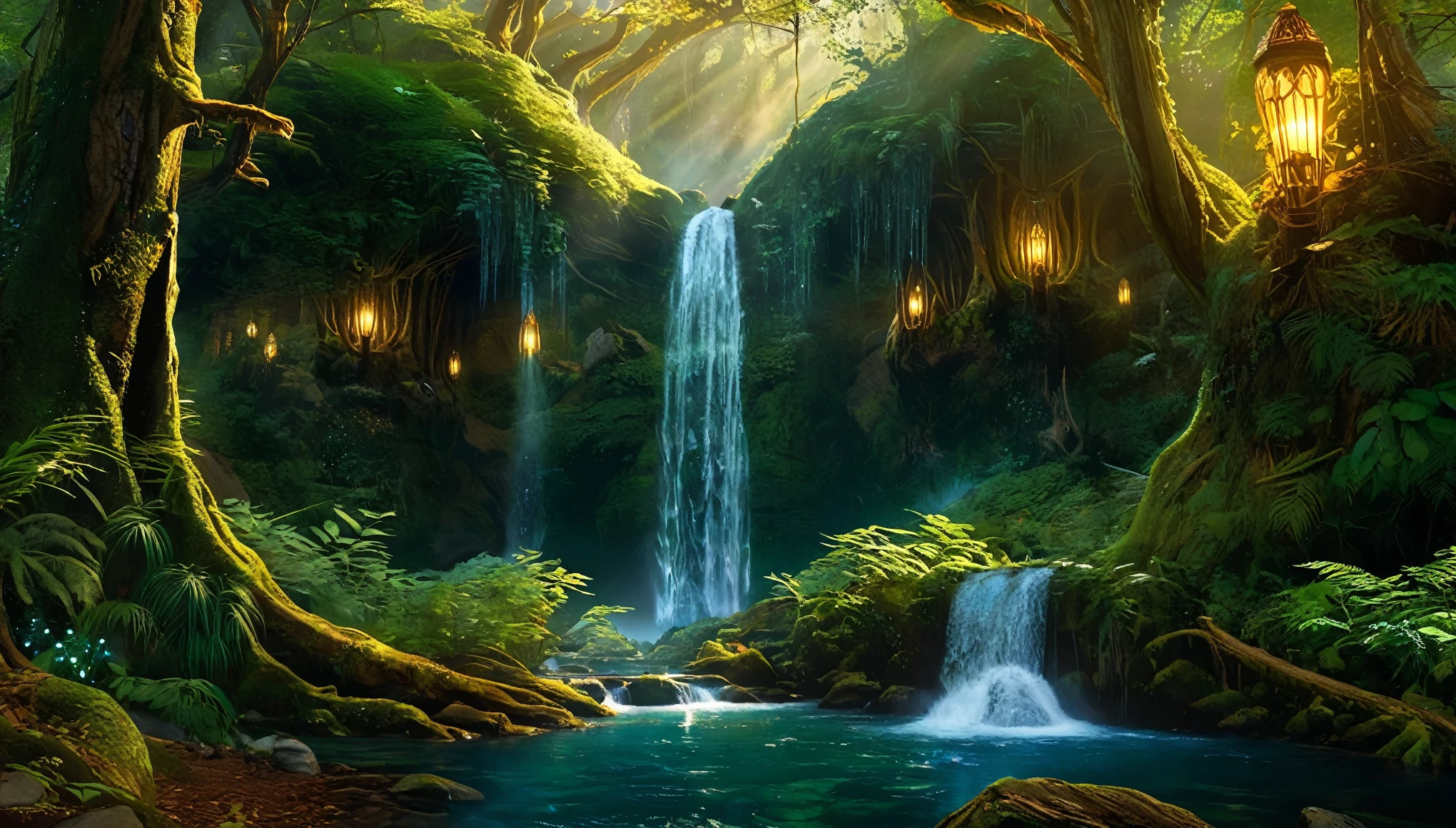 Shimmery gold waterfall enchanted forest at twilight, ethereal light filtering through ancient towering trees, vividly detailed lush undergrowth, mystical creatures lurking in the shadows, sparkling fairy lights weaving through the foliage, a crystal-clear stream with water so pure it glows, cascading waterfall in the background with magical properties, fantasy wildlife drinking at the water's edge, highly detailed, photorealistic textures on every surface, soft diffused lighting creating a serene atmosphere, high dynamic range, ultra HD 8K resolution, depth of field emphasizing the magical focus points, art by Thomas Kinkade and Roger Dean, immersive, otherworldly beauty captured in cinematic quality, 32K UHD