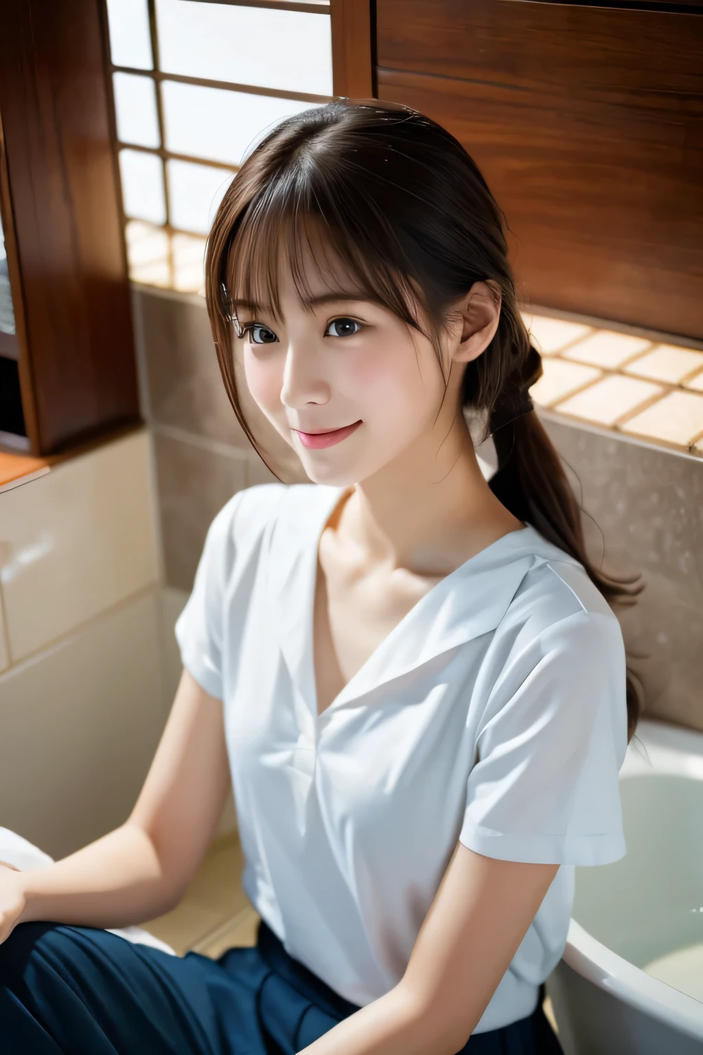 Beautiful girl washing her face, 14 years old, (Highest quality:1.4), (Very detailed), (Very detailed美しい顔), sit, avert your eyes, smile, Short-sleeved sailor suit, Great face and eyes, iris, Medium Hair, The Beauty of Japan, (Skinny body type:1.3), (Flat Chest:1.3), Smooth, Very detailed CG synthesis 8k wallpaper, High-resolution RAW color photos, Professional photography, Light, BackLight, dream-like, impressive, Written boundary depth, Washroom, (Shooting from below:1.5)