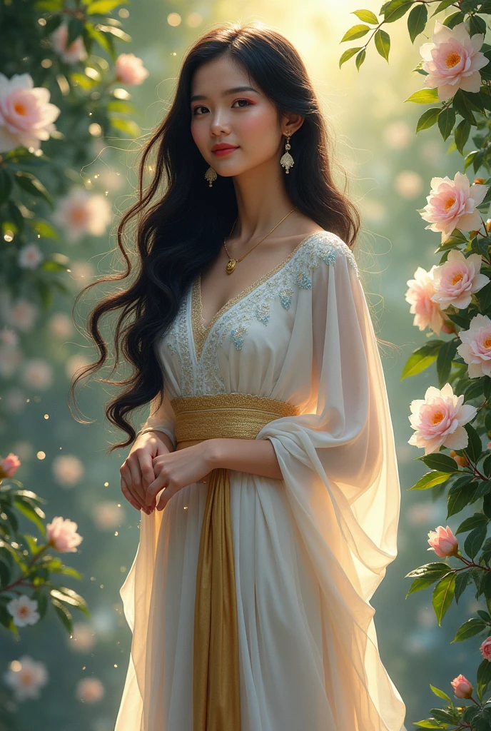 In the wind of the evening stars, of the evening stars, blowing small white flower petals, full-body picture of a beautiful, sweet young woman, 25 years old, wearing a Thai Dusit dress, white with a blue-gold sparkle, wearing a gold sarong, a white silk shawl, glowing and shimmering, with long black hair, tied up loosely. The scene is beautiful like a dream, a jasmine garden scene, white, pink, glowing and shimmering light, 3D picture, oil painting, sharp picture.