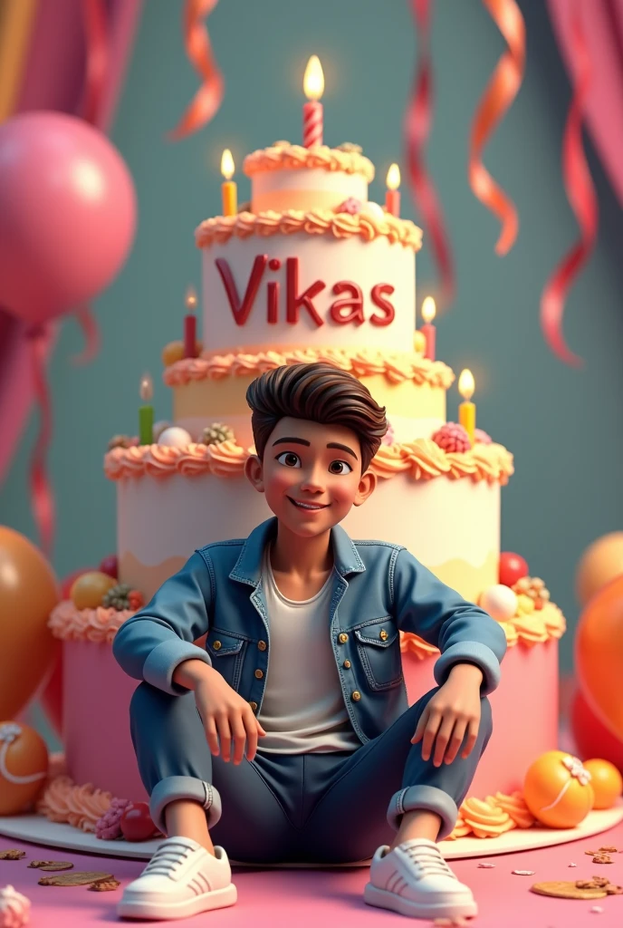3D illustration of a man sitting casually on front of a cake. The character must wear casual Moder clothing such as jeans jackets and sneakers shoes. The background of the image is a party theme. Write Vikas
' on the barthday cake