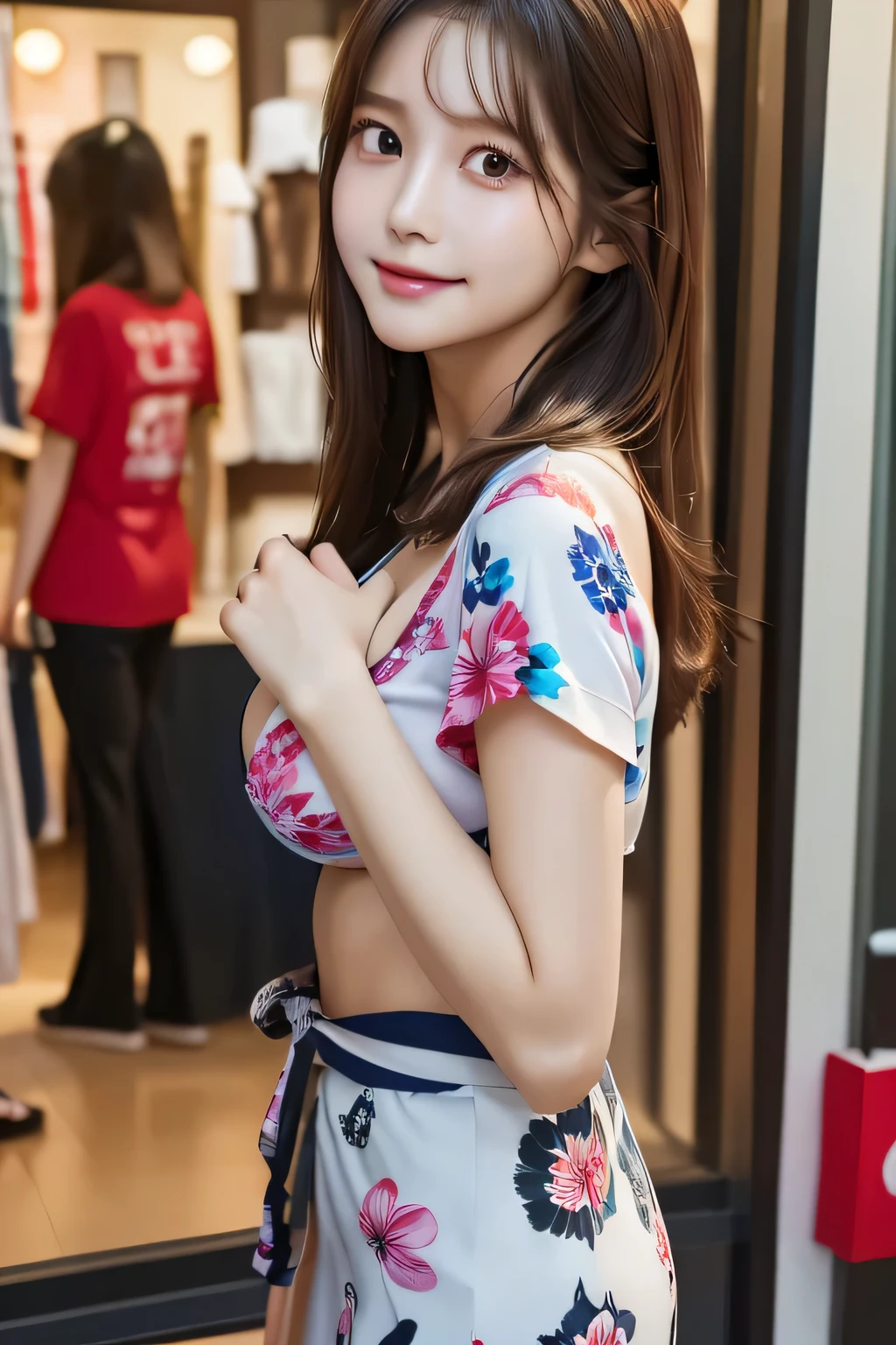 tzuyu, Larisa Manovar, Cute Korean Actresses, Beautiful Korean Women, Beautiful young Korean woman, Young and adorable Korean face, Gorgeous Young Korean Woman, Lalisa Manoban of Blackpink, Portraits of Korean female idols, Bae Suzy, South Korean actress, Korean Girls, Photograph the whole body, (((32k image quality))), (((RAW Photos))), (Highest quality, detailed:1.2), Photorealistic, (Very delicate and detailed), (((((Ultra-high resolution))))), (((Cleavage))), (((Big Breasts))), (((colorful t-shirt)), BREAK, (((Beautiful female legs))), BREAK, (((((One Woman))))), Street Snap, (((yukata))), (((Opening a store))),
