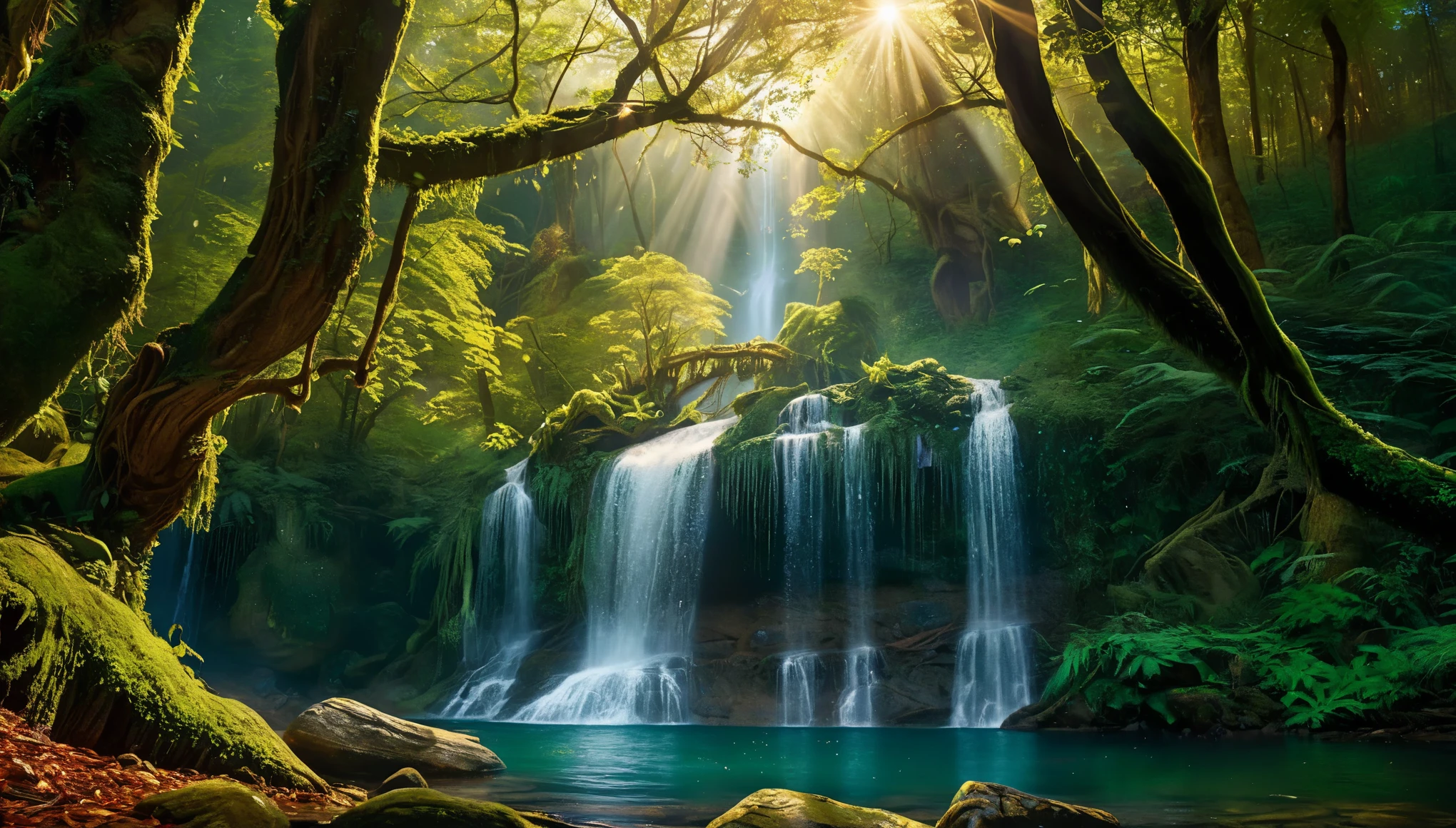 Shimmery gold waterfall enchanted forest at twilight, ethereal light filtering through ancient towering trees, vividly detailed lush undergrowth, mystical creatures lurking in the shadows, sparkling fairy lights weaving through the foliage, a crystal-clear stream with water so pure it glows, cascading waterfall in the background with magical properties, fantasy wildlife drinking at the water's edge, highly detailed, photorealistic textures on every surface, soft diffused lighting creating a serene atmosphere, high dynamic range, ultra HD 8K resolution, depth of field emphasizing the magical focus points, art by Thomas Kinkade and Roger Dean, immersive, otherworldly beauty captured in cinematic quality, 32K UHD