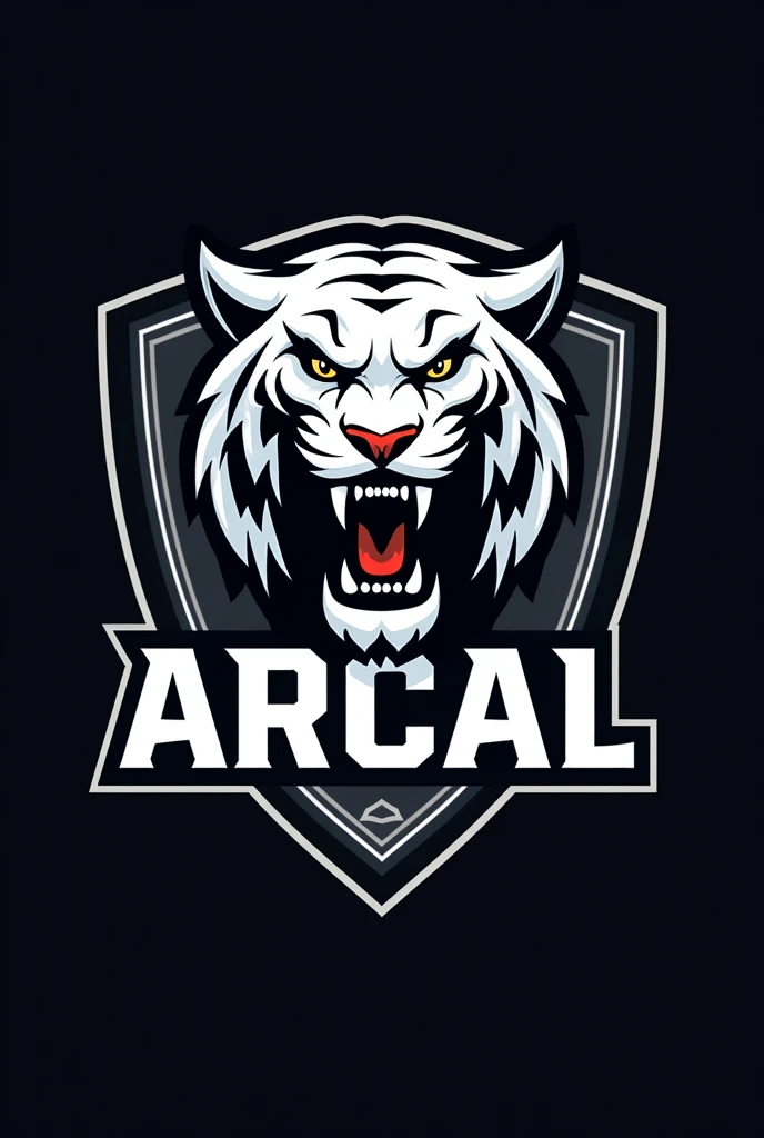 Create a logo of a white tiger's face for a football team. Make it a shield. Put a font that says arcal