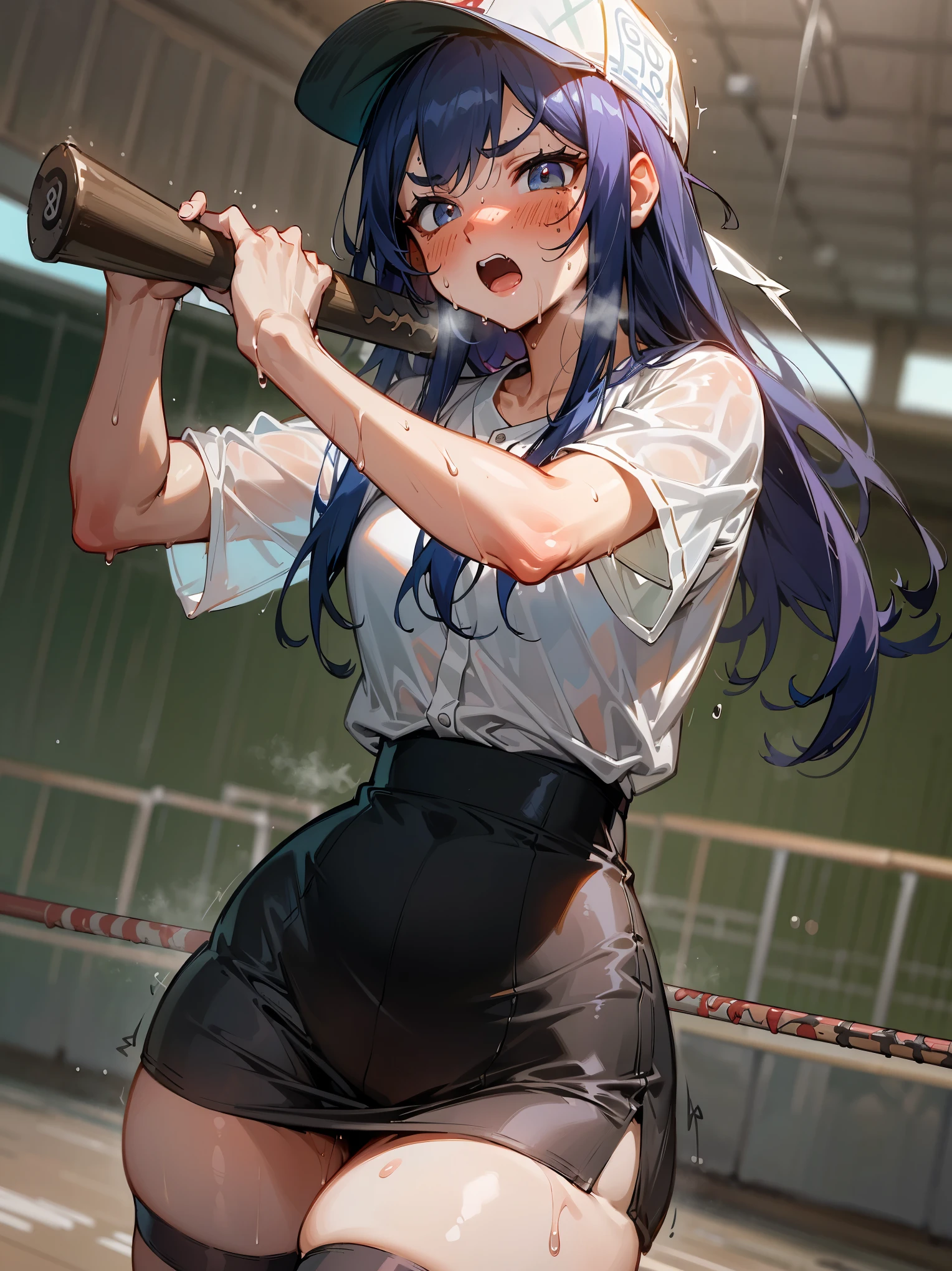(masterpiece, best quality) (((8K best quality))), ((Intricate details)) ((blush)),wet, Sweating, White skin, Baseball cap, Freckles, ((Akimbo,Holding a baseball bat,Proud expression)),, NSFW clothing, ((Baseball uniform)), , Perspective material, student, Strike a pose, , Thick thighs, wet clothes, See through clothes, stocking, ((( Thin waist))), cute blush face,