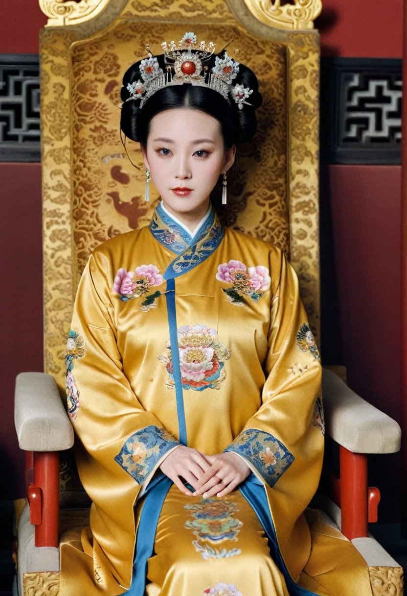 From before the Qing, The Empress sits naked on a golden sofa in the palace, Her eyes are wide open, Her legs were spread, big naked breasts. At the Chinese court during the Qing Dynasty, Empress of the Qing Dynasty, Empress of China, Wearing a large crown, When viewed from below, the abdomen and thighs are visible..。She is completely naked, Showing off gorgeous large flowers and hairpins, She tied her hair up and pulled it up, 背景はEmpress of the Qing Dynastyの豪華な宮殿.