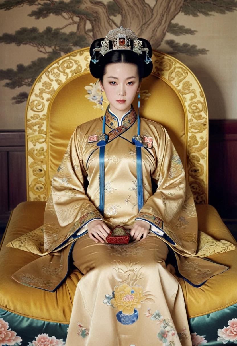 From before the Qing, The Empress sits naked on a golden sofa in the palace, Her eyes are wide open, Her legs were spread, big naked breasts. At the Chinese court during the Qing Dynasty, Empress of the Qing Dynasty, Empress of China, Wearing a large crown, When viewed from below, the abdomen and thighs are visible..。She is completely naked, Showing off gorgeous large flowers and hairpins, She tied her hair up and pulled it up, 背景はEmpress of the Qing Dynastyの豪華な宮殿.